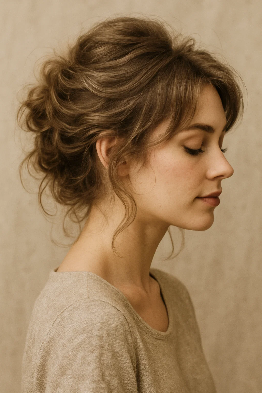 A relaxed 1960s loose, textured updo hairstyle with soft waves and a tousled finish, perfect for a casual chic look.