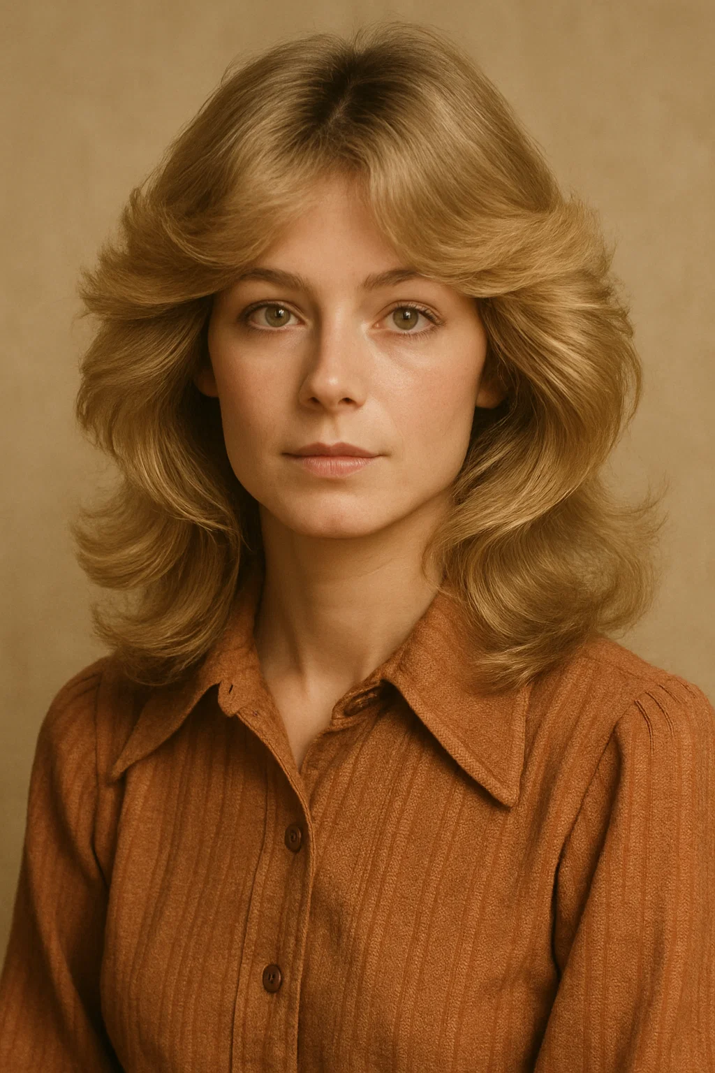 A soft 1960s feathered hairstyle with layered hair falling around the face in gentle waves, inspired by Farrah Fawcett