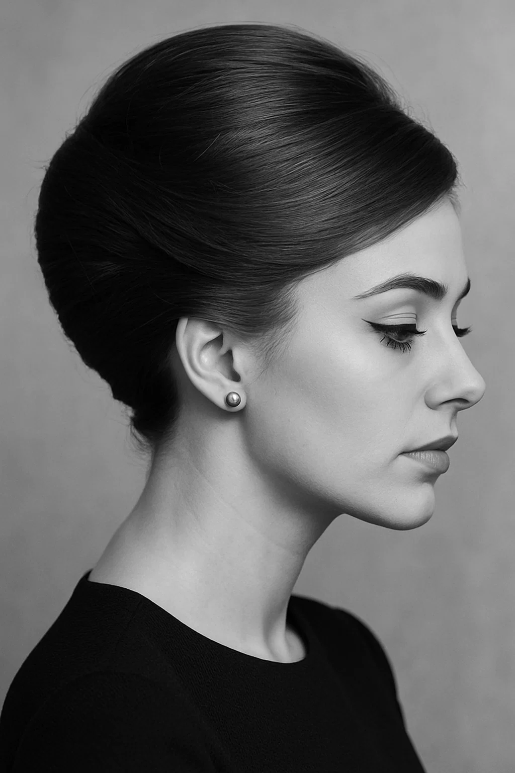 A sophisticated 1960s French twist hairstyle with neatly twisted hair at the back and a sleek, polished appearance.
