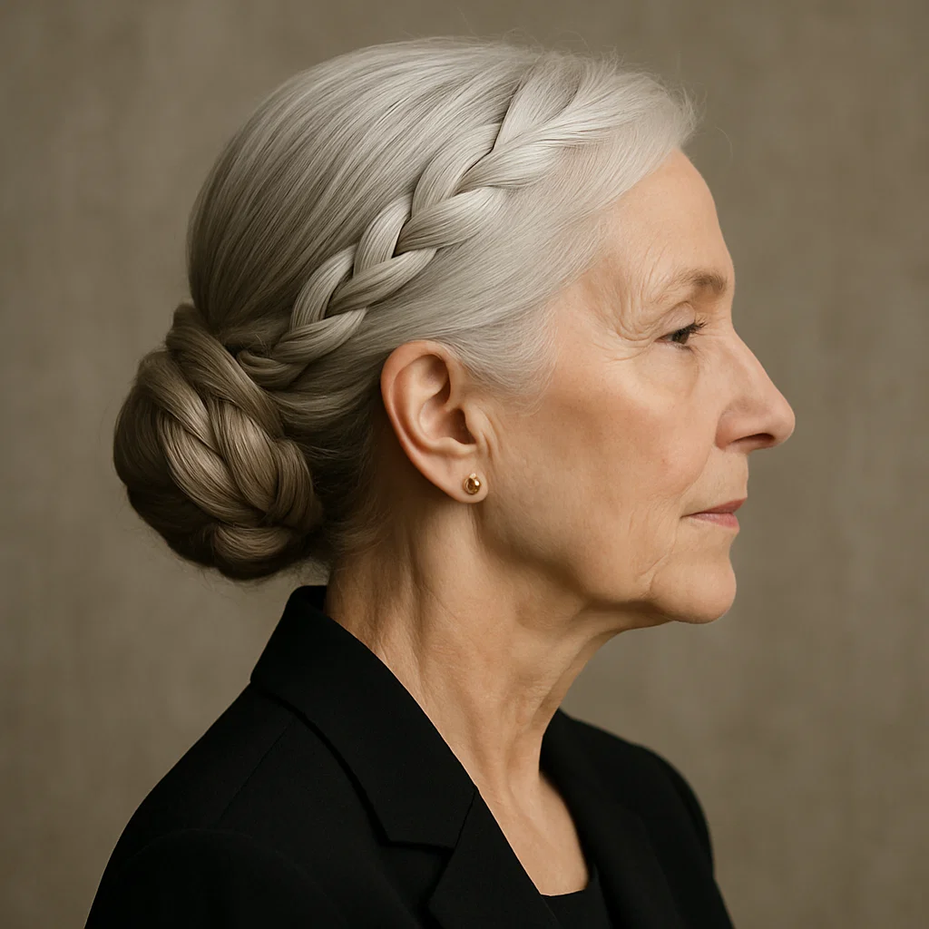 A sophisticated older woman with a braid incorporated