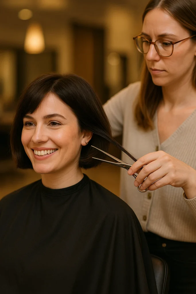 A stylist measuring and cutting a woman’s hair into a cowgirl bob