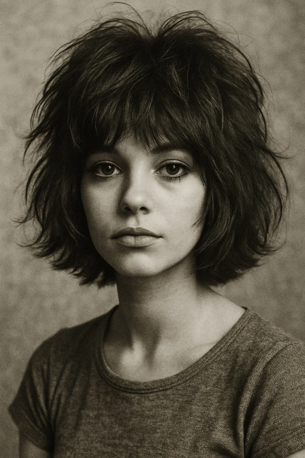 A textured 1960s shaggy bob hairstyle with uneven layers and a tousled look, inspired by the rock 'n' roll era.