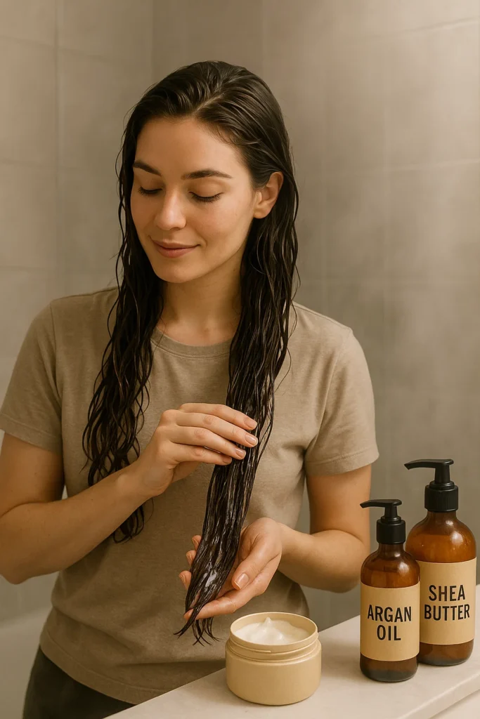 A woman applying a leave-in conditioner or hair mask in a modern bathroom with visible bottles labeled “Argan Oil” and “Shea Butter