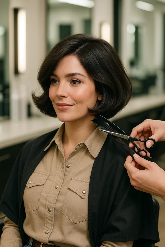 A woman getting a trim at a salon to maintain her cowgirl bob