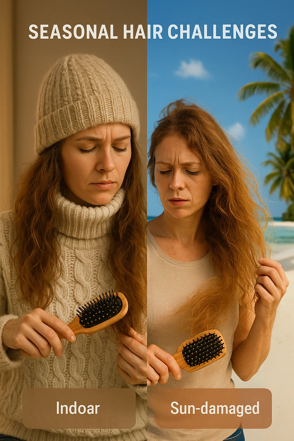 A woman in a cozy winter outfit brushing her dry