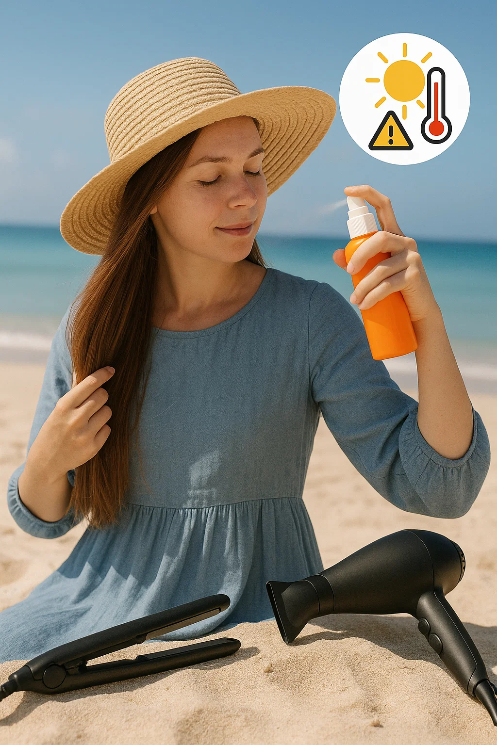 A woman in a sun hat on a beach applying UV protectant spray to her hair.1