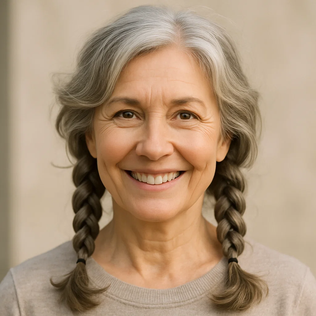 A woman over 50 with two symmetrical braids on either side of her head.