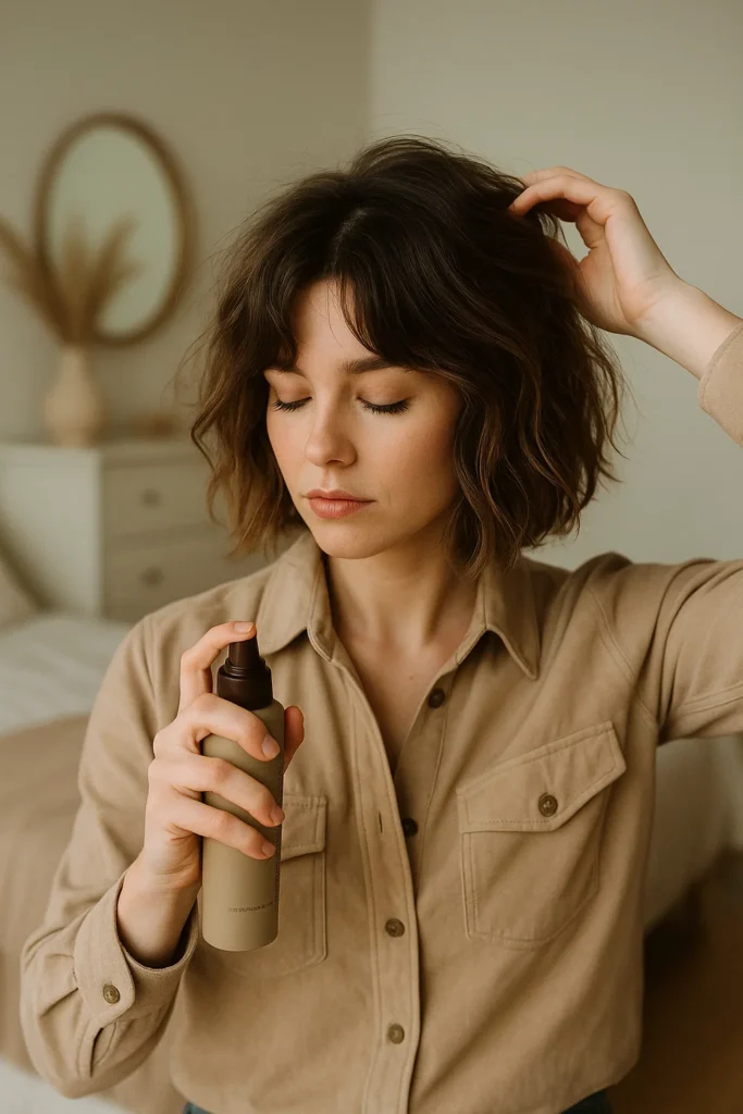A woman styling her cowgirl bob with a texturizing spray in a chic bathroom or bedroom setting