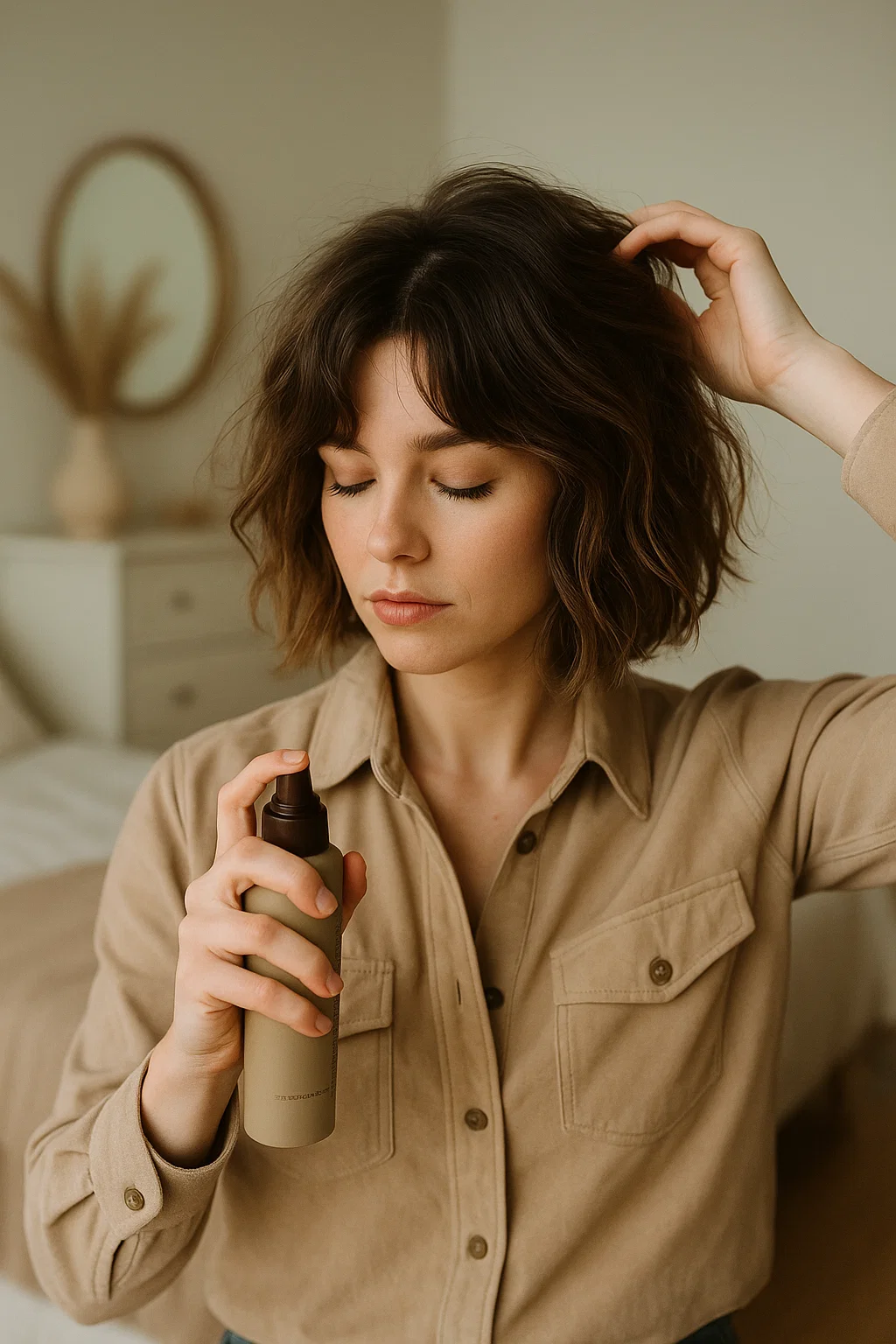 A woman styling her cowgirl bob with a texturizing spray in a chic bathroom or bedroom setting