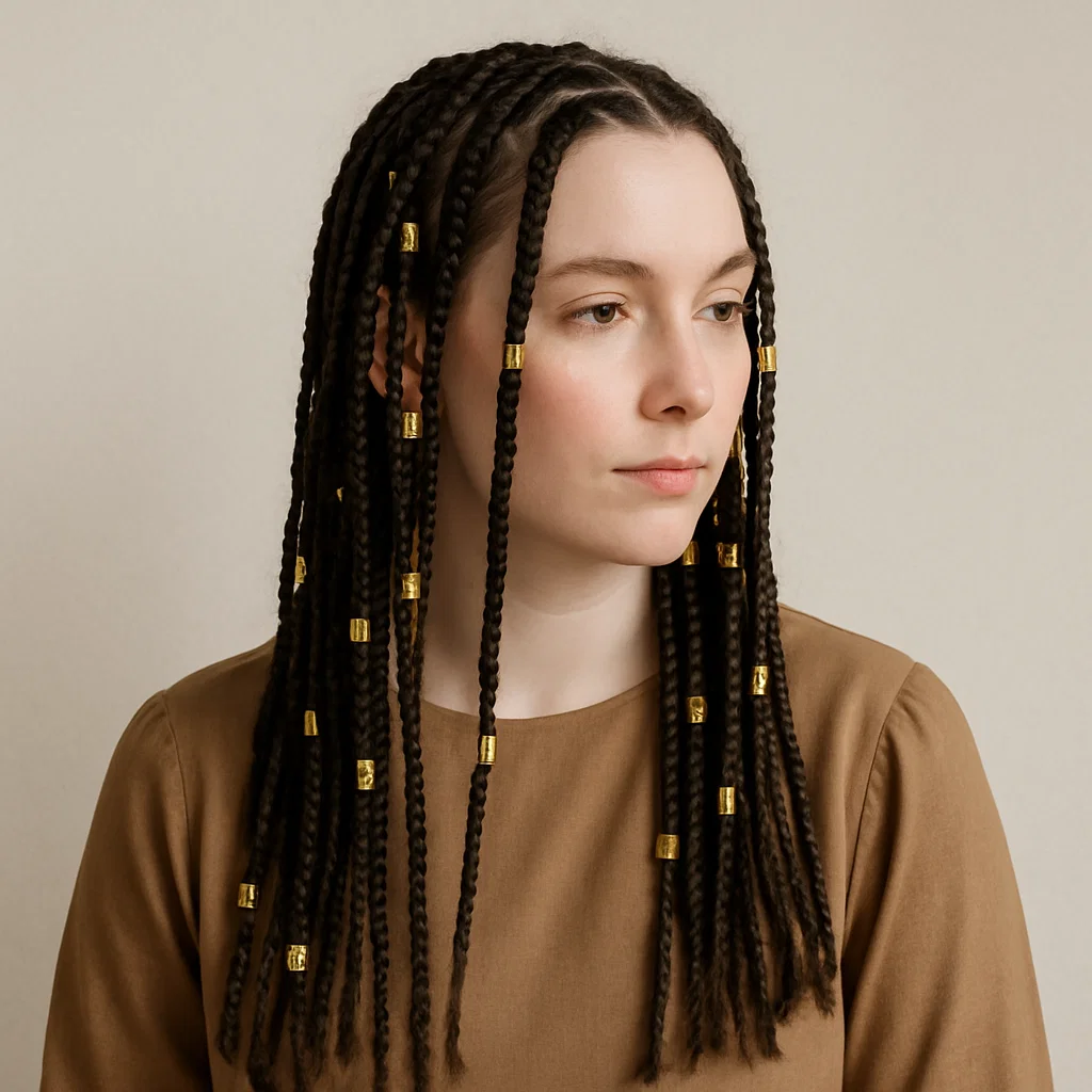 A woman wearing boho knotless braids with gold cuffs