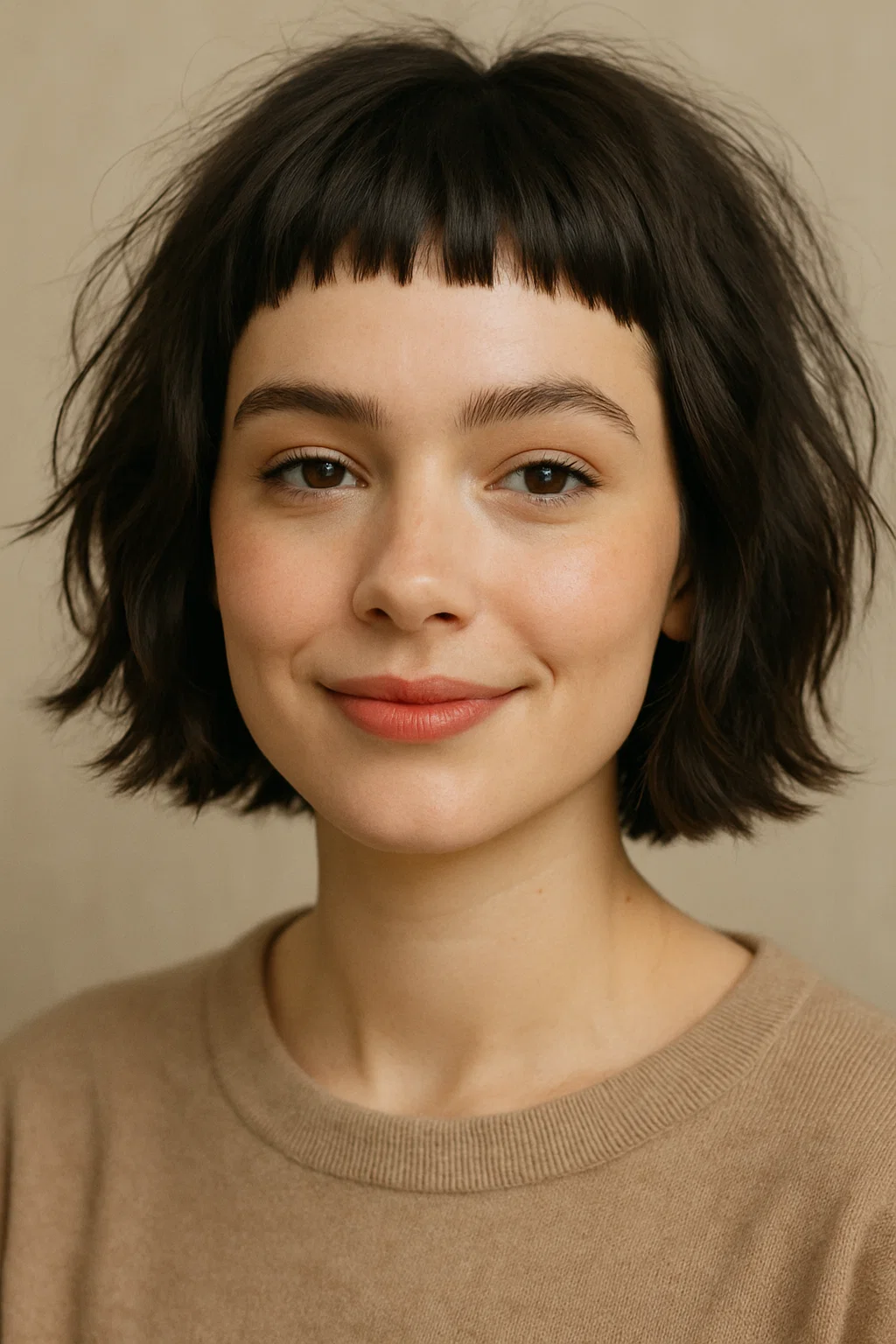 A woman with a choppy bob, uneven layers