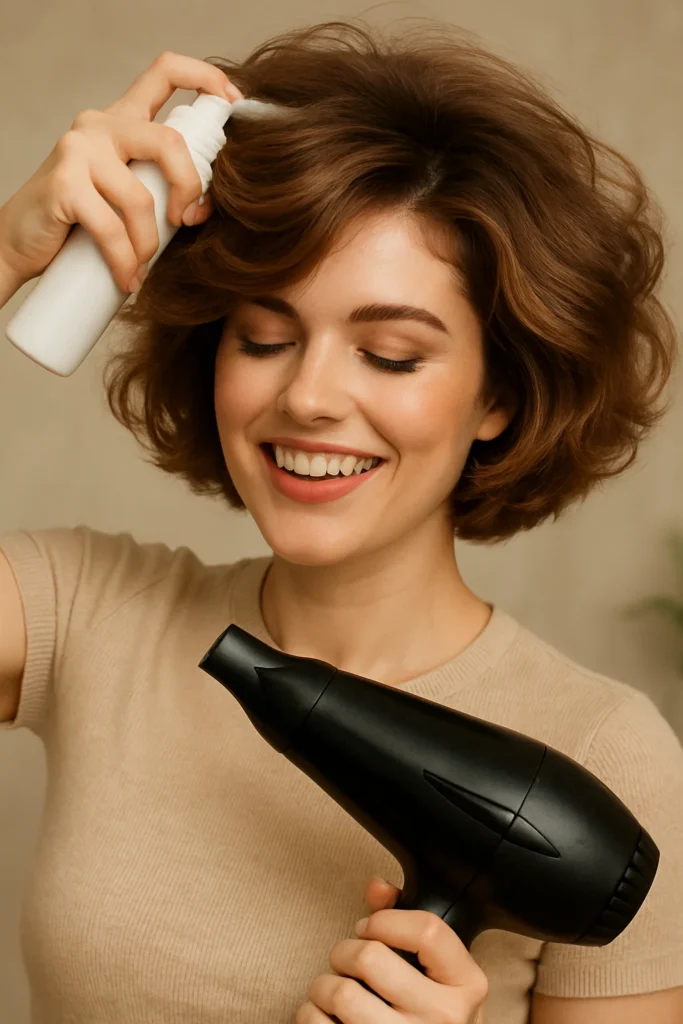 A woman with a cowgirl bob, applying volumizing mousse or a root-lifting spray to her hair