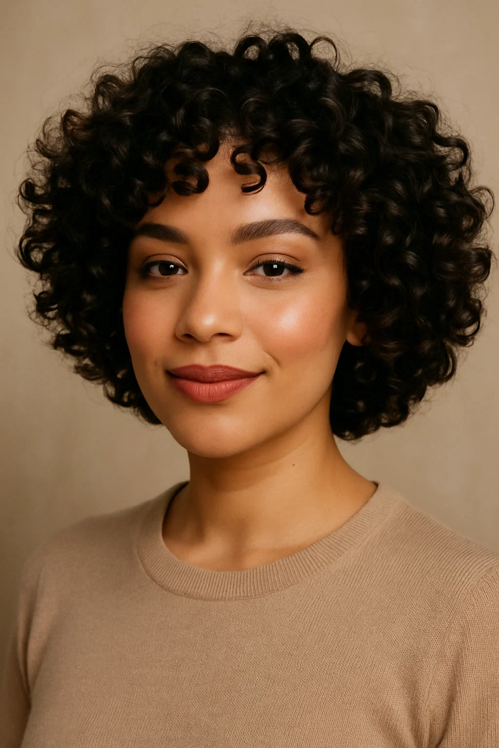 A woman with a curly bob, natural curls framing her face beautifully