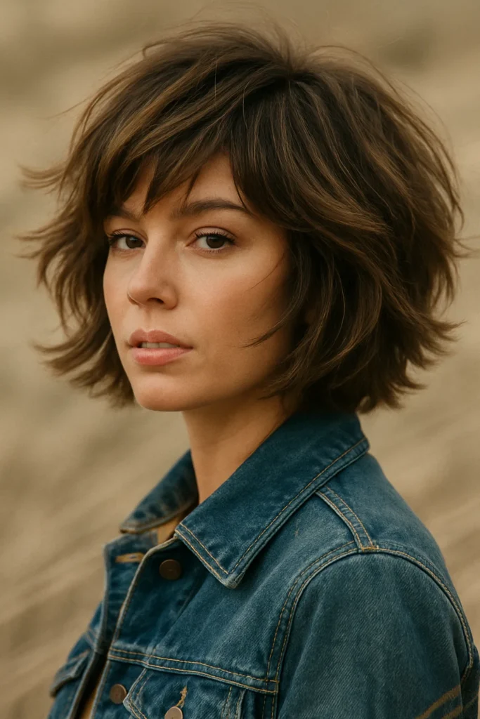 A woman with a freshly cut cowgirl bob with layers