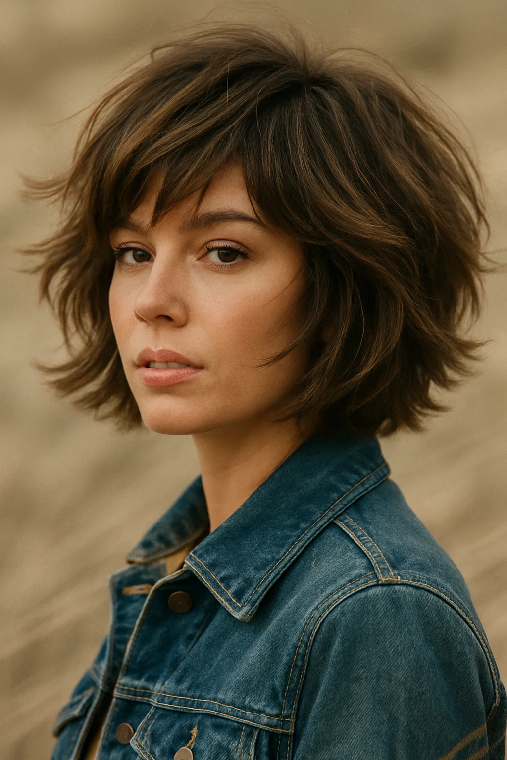 A woman with a freshly cut cowgirl bob with layers