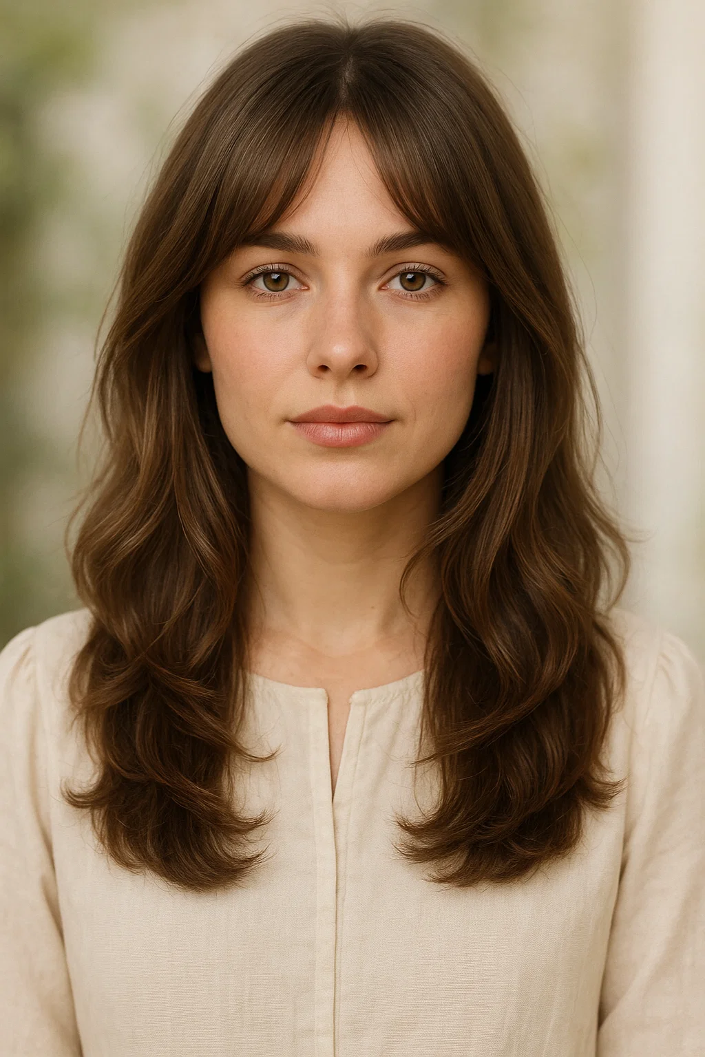 A woman with a heart-shaped face, styled with soft layers that add width to the lower part of her face