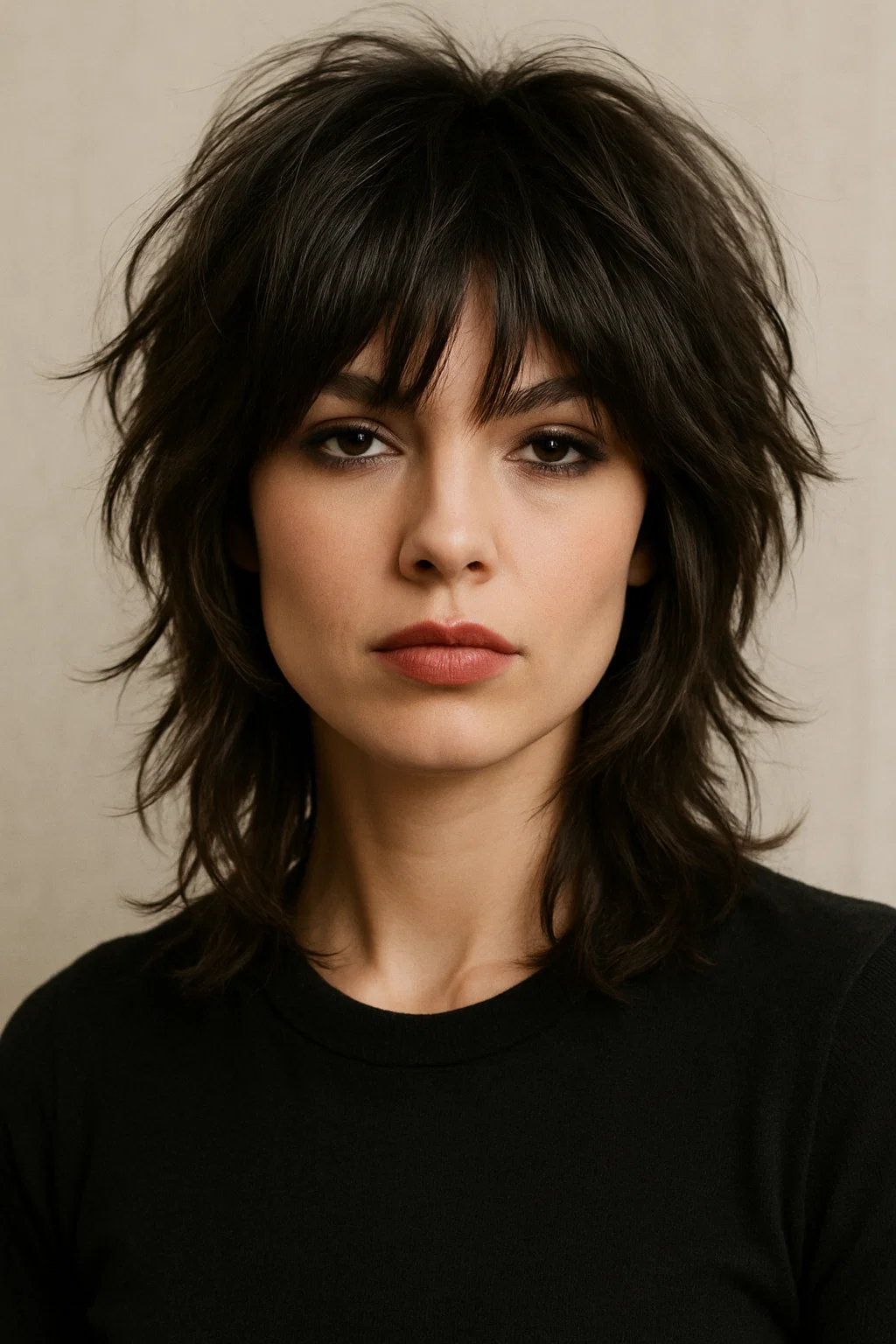 A woman with a layered shag haircut