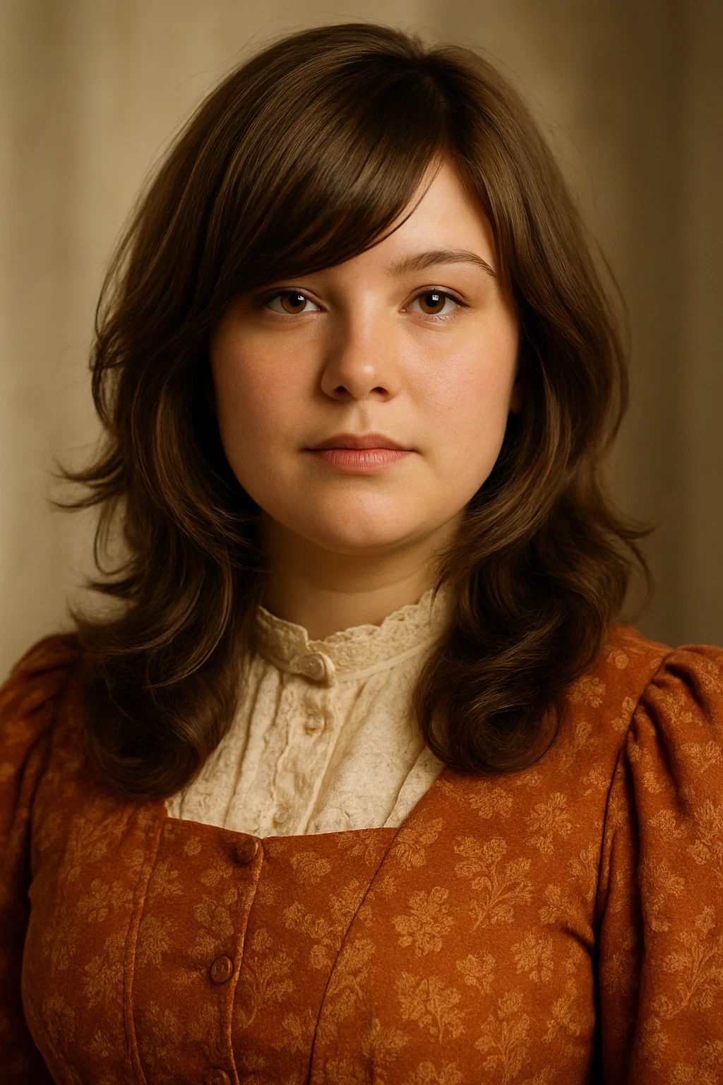A woman with a round face, styled with long