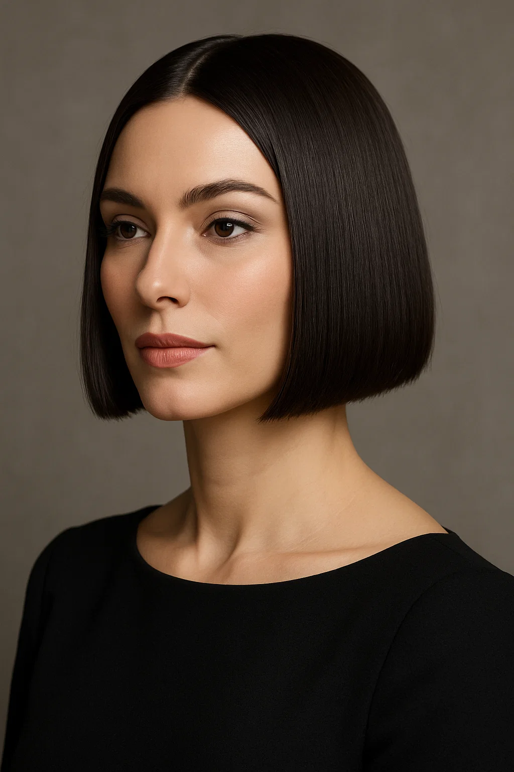 A woman with a sharp and sleek blunt bob