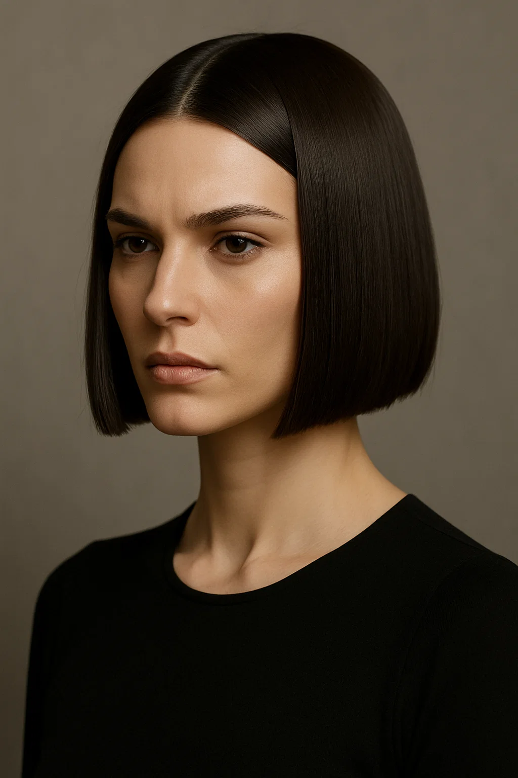 A woman with a sleek blunt bob haircut
