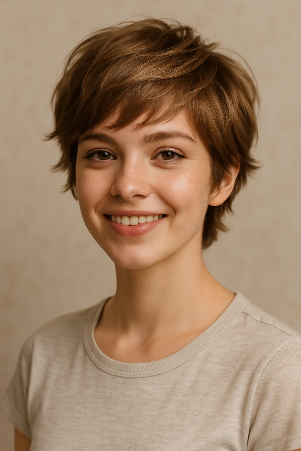 A woman with a soft pixie cut, feathered layers adding lightness and movement