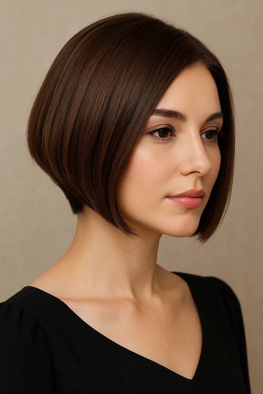 A woman with a softly angled bob, longer strands in the front that gradually shorten toward the back