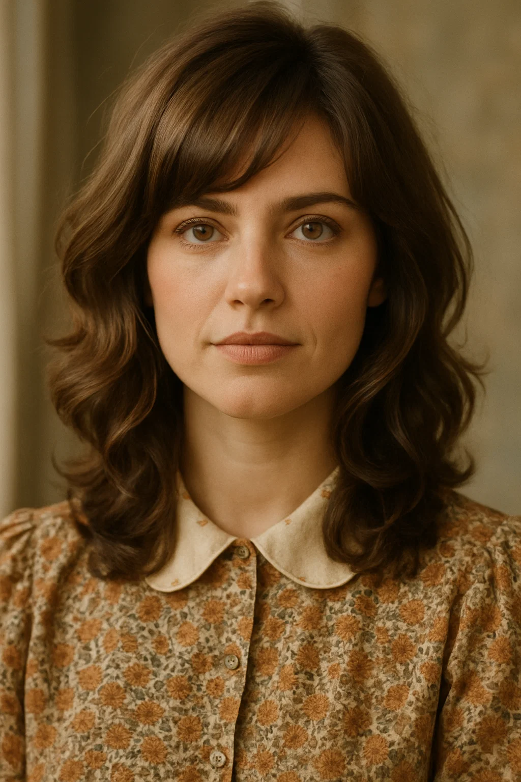 A woman with a square face, wearing a long haircut with soft, face-framing layers