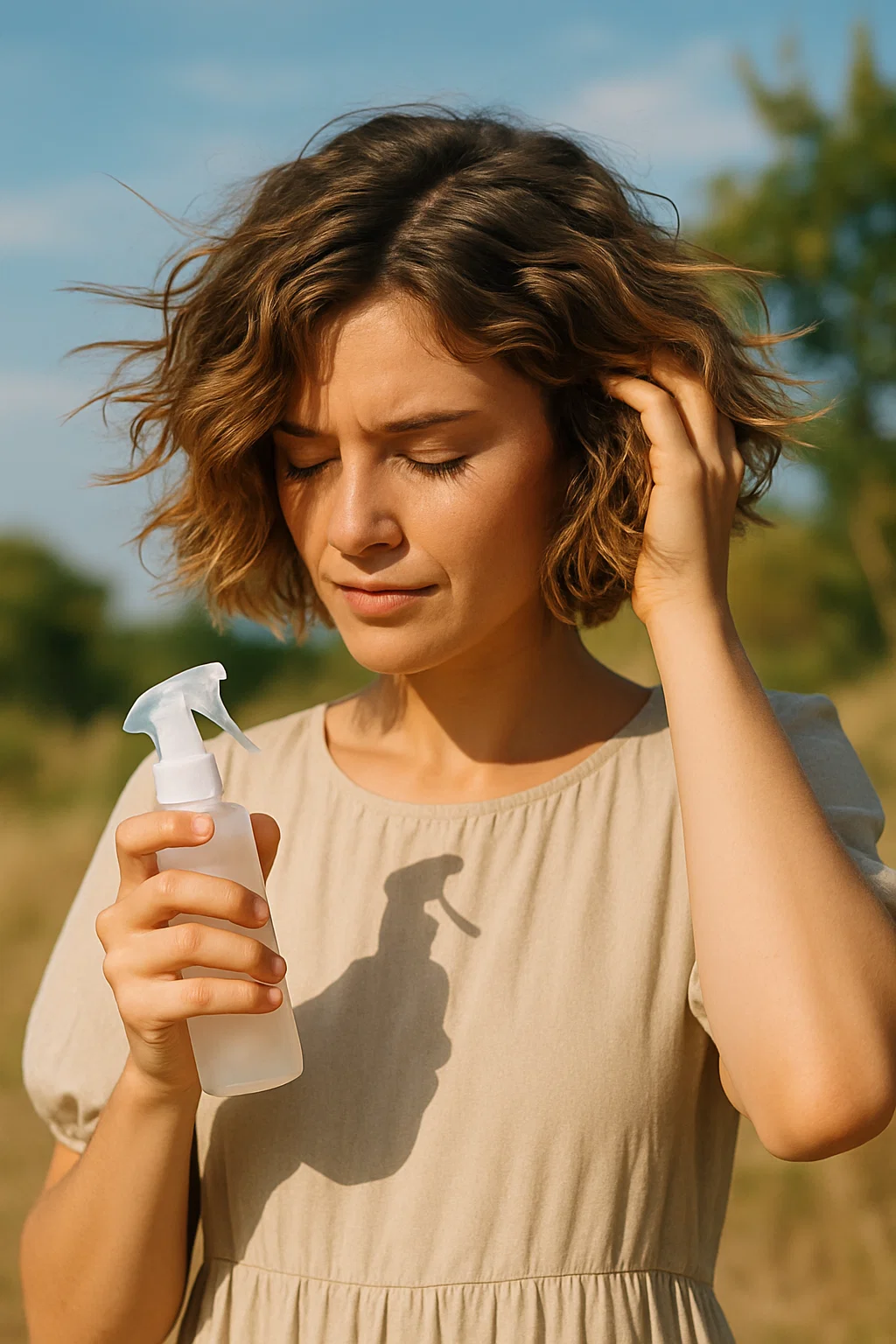 A woman with a textured cowgirl bob, scrunching her hair with sea salt spray in an outdoor