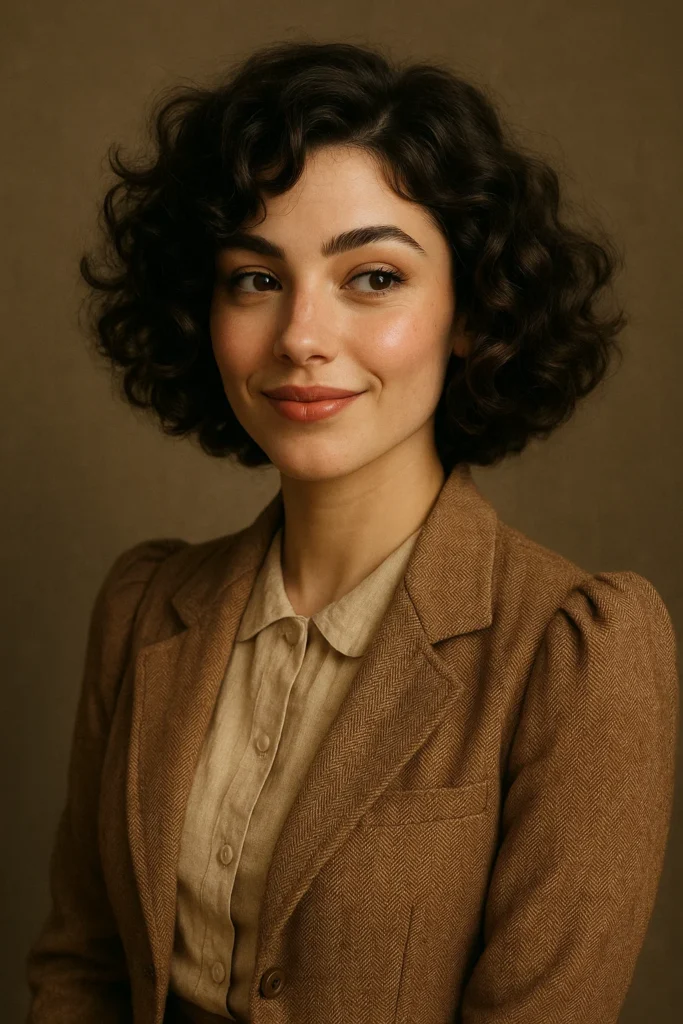 A woman with a voluminous curly bob, loose waves and soft curls