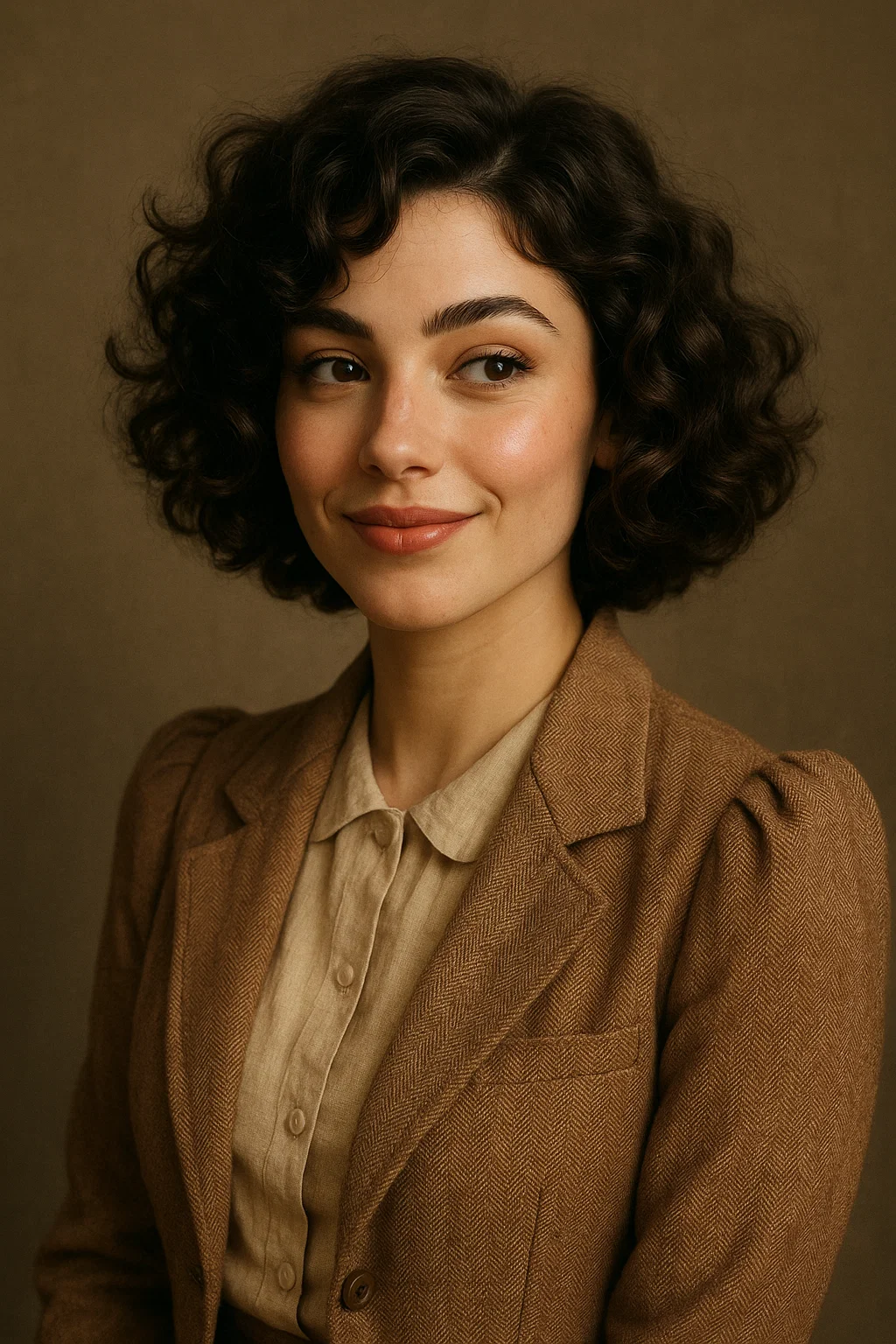 A woman with a voluminous curly bob, loose waves and soft curls