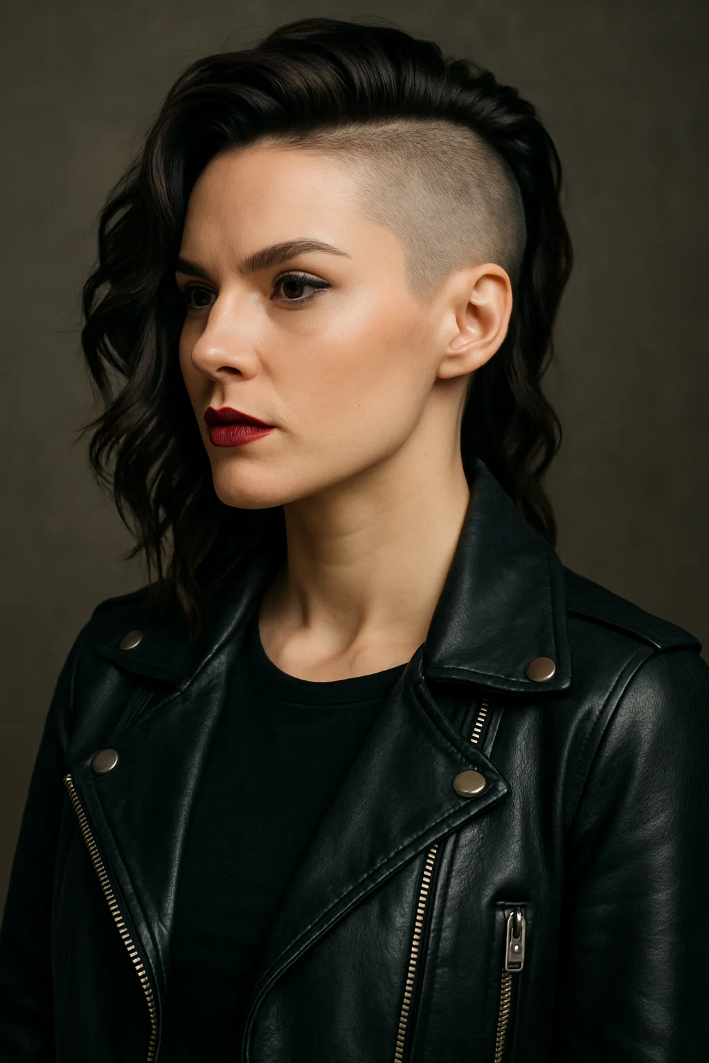 A woman with an undercut style, shaved sides with a long top