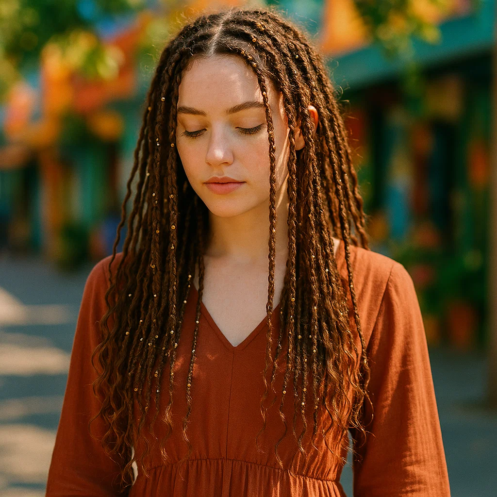 A woman with boho knotless braids adorned with micro beads