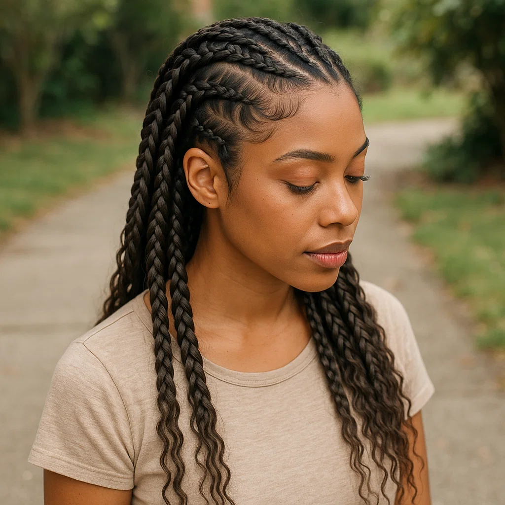 A woman with boho knotless braids enhanced with French