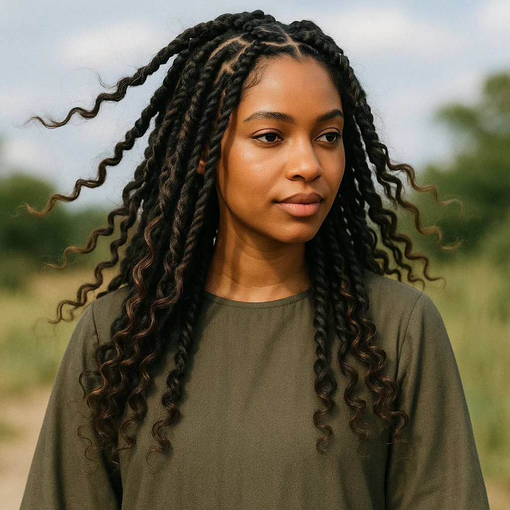 A woman with boho knotless braids featuring1