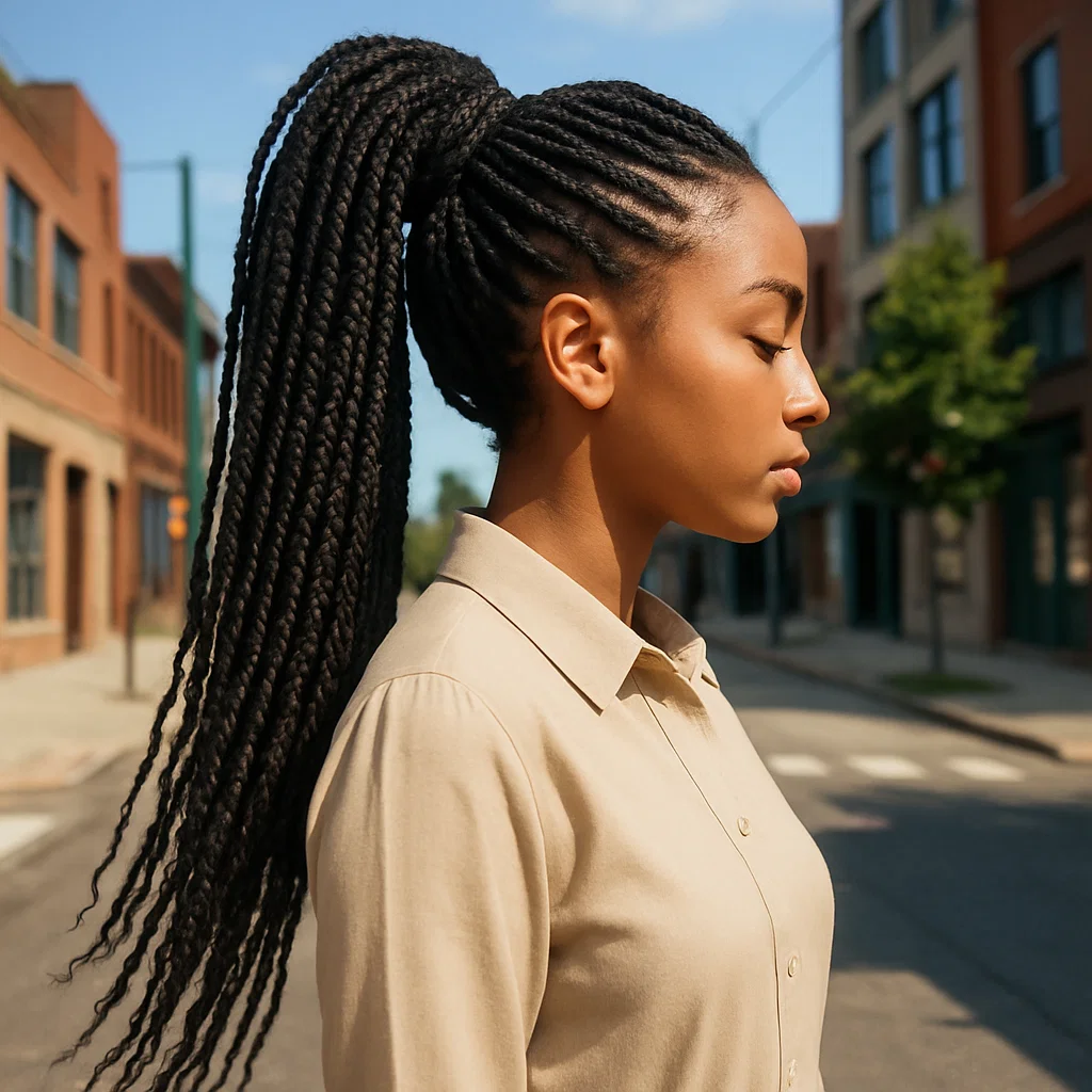A woman with boho knotless braids gathered into a high ponytai 