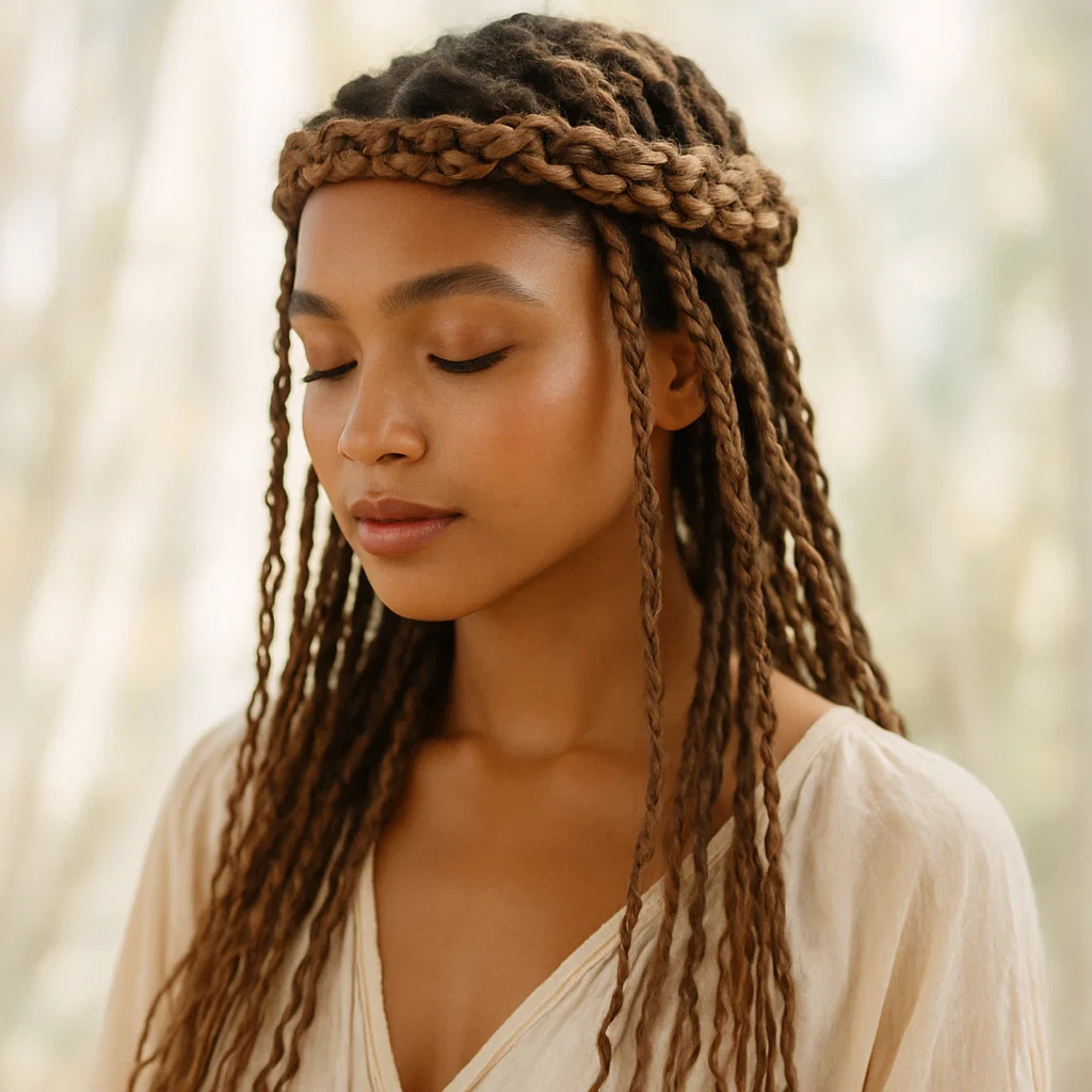 A woman with boho knotless braids styled into a crown braid