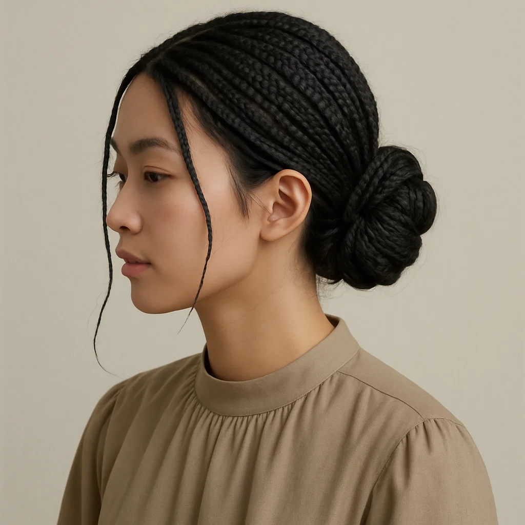 A woman with boho knotless braids styled into a low
