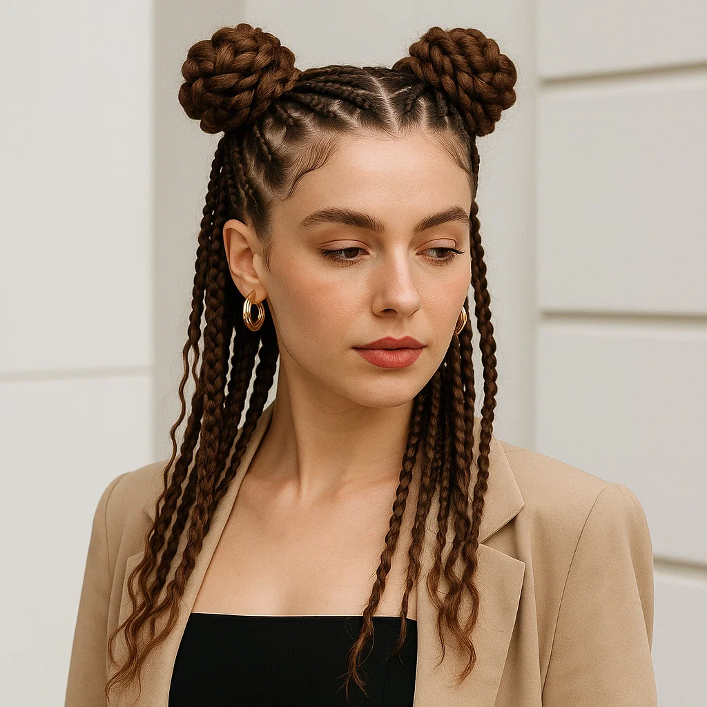 A woman with boho knotless braids styled into two symmetrical braided buns.