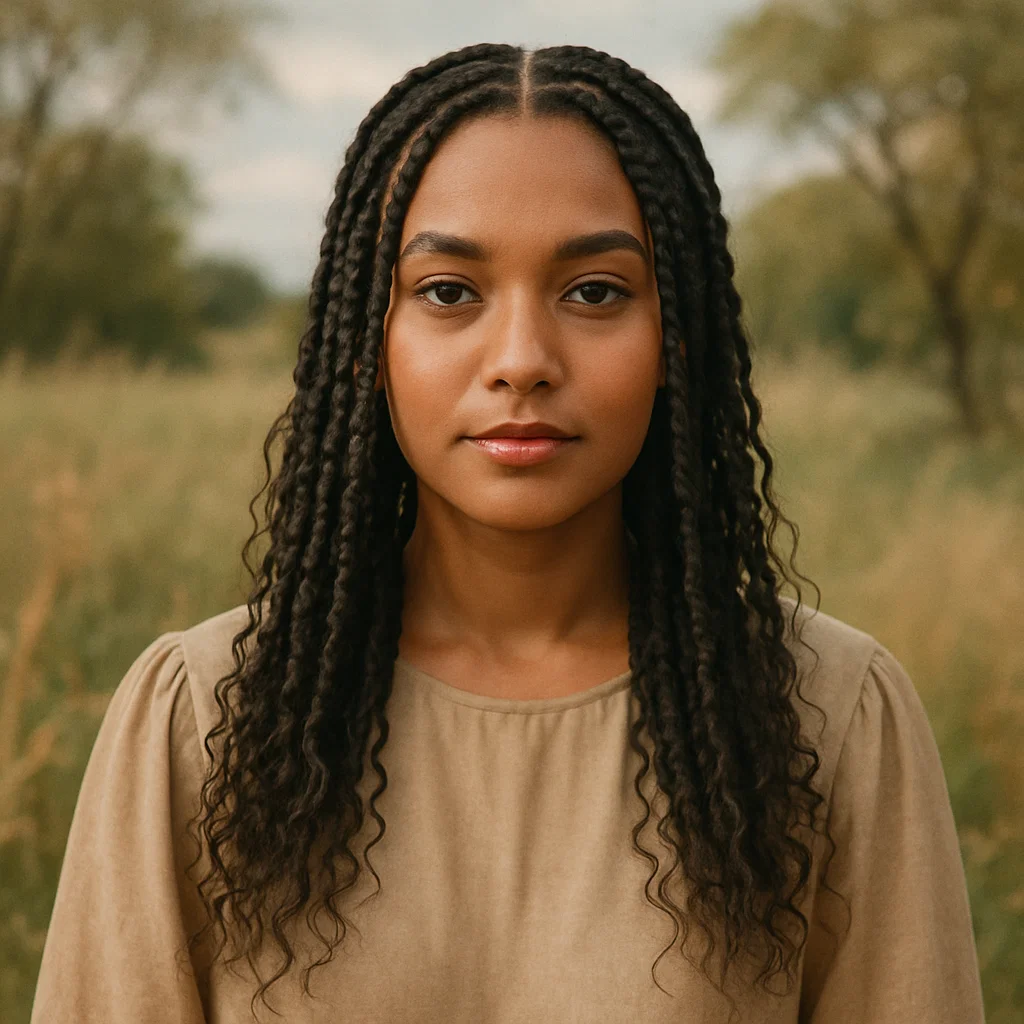A woman with boho knotless braids styled with a clean center part