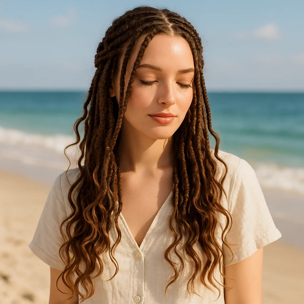 A woman with boho knotless braids styled with soft