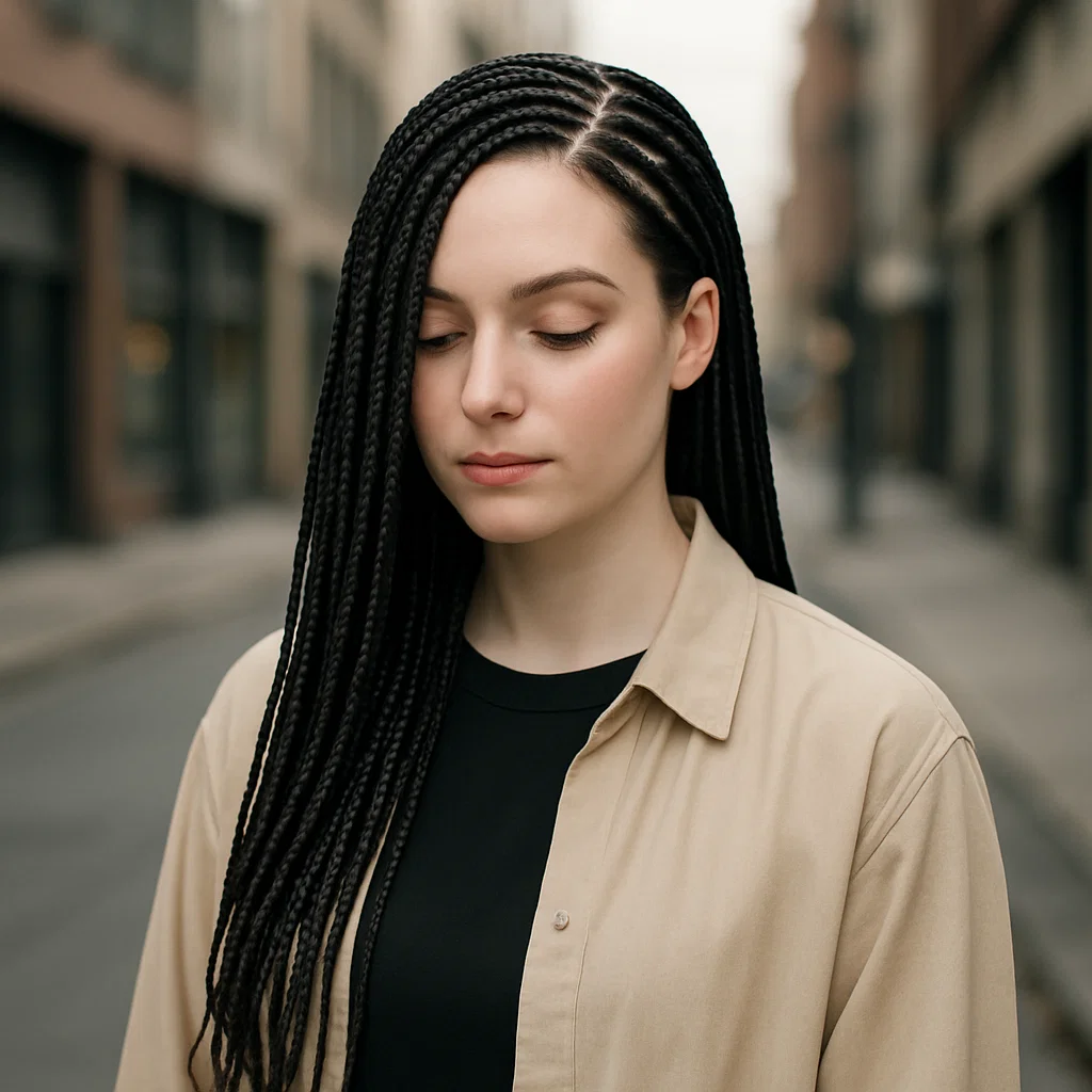 A woman with boho knotless braids styled