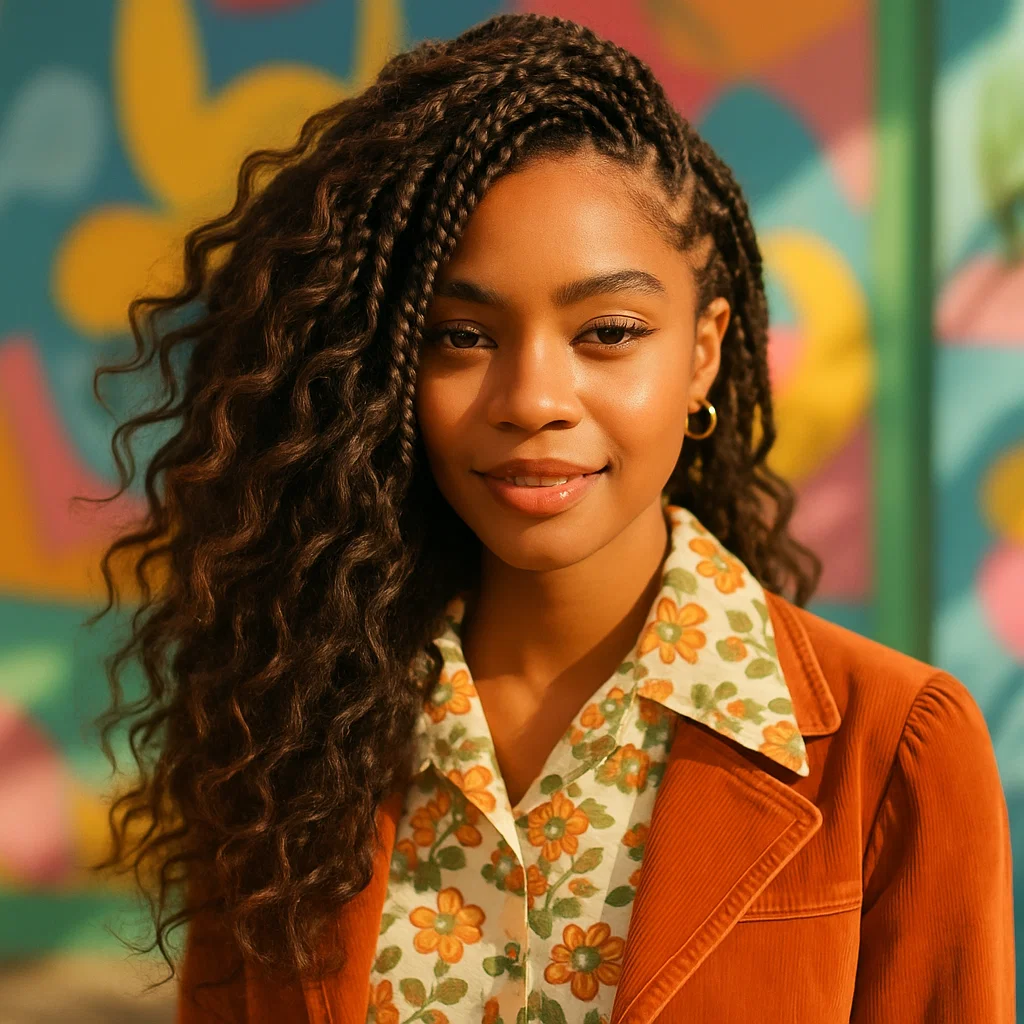 A woman with boho knotless braids swept to one side
