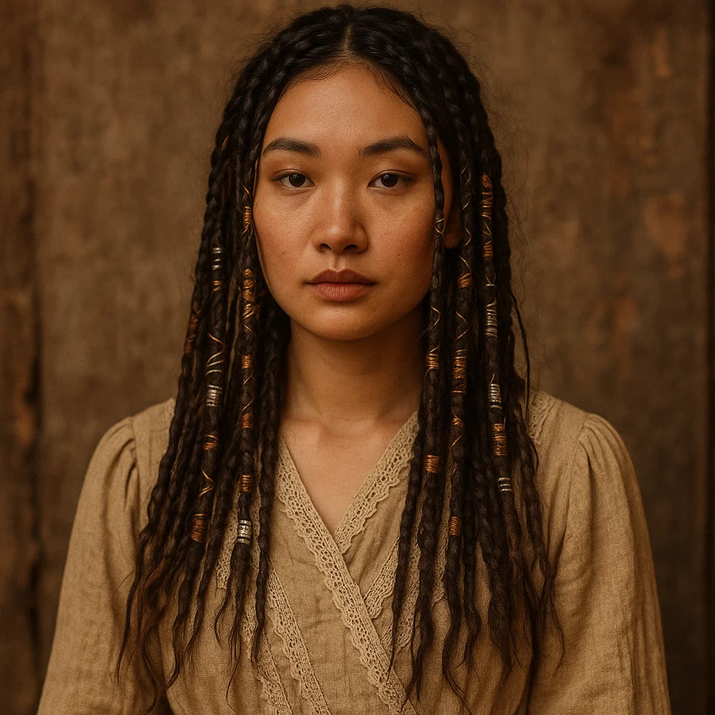 A woman with boho knotless braids wrapped