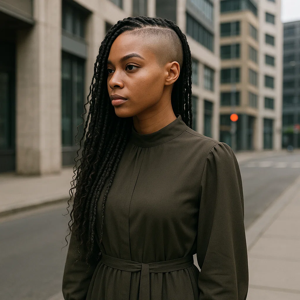A woman with boho knotless braids0