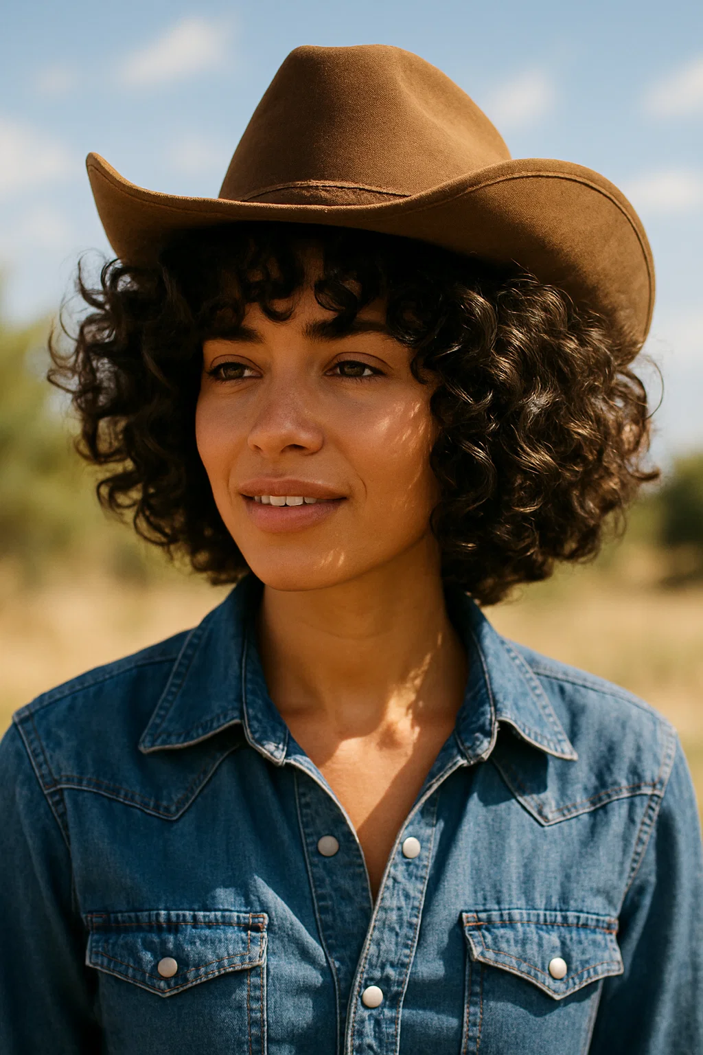 A woman with curly hair rocking a cowgirl bob