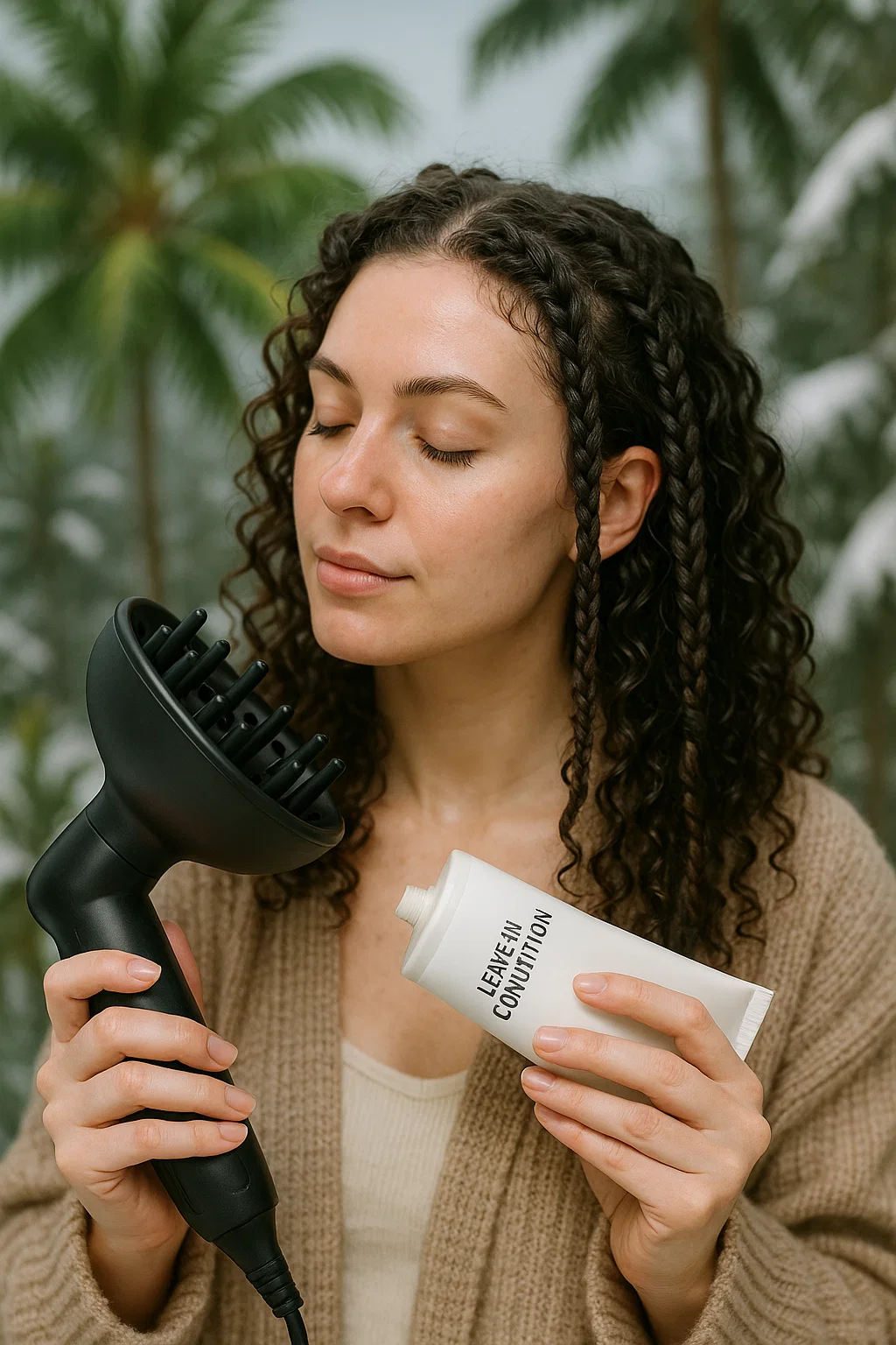 A woman with defined, moisturized curls using a diffuser and applying leave-in conditioner in a tropical or wintry setting