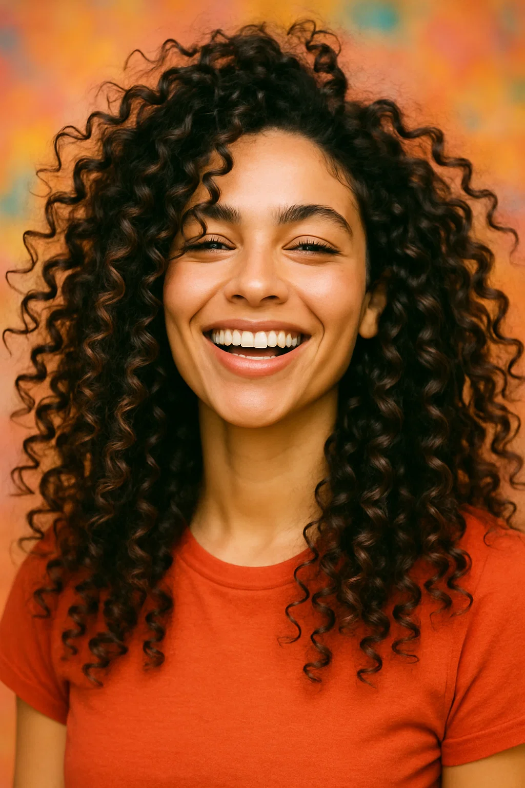 A woman with long, curly hair styled to highlight its natural texture.