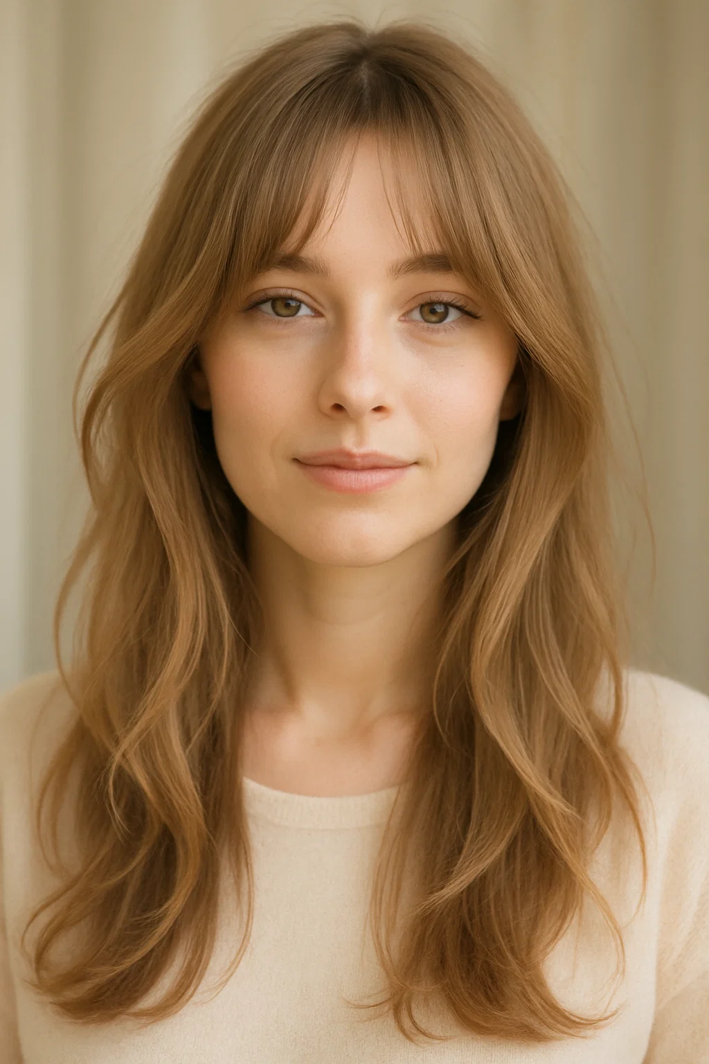 A woman with long hair and curtain bangs