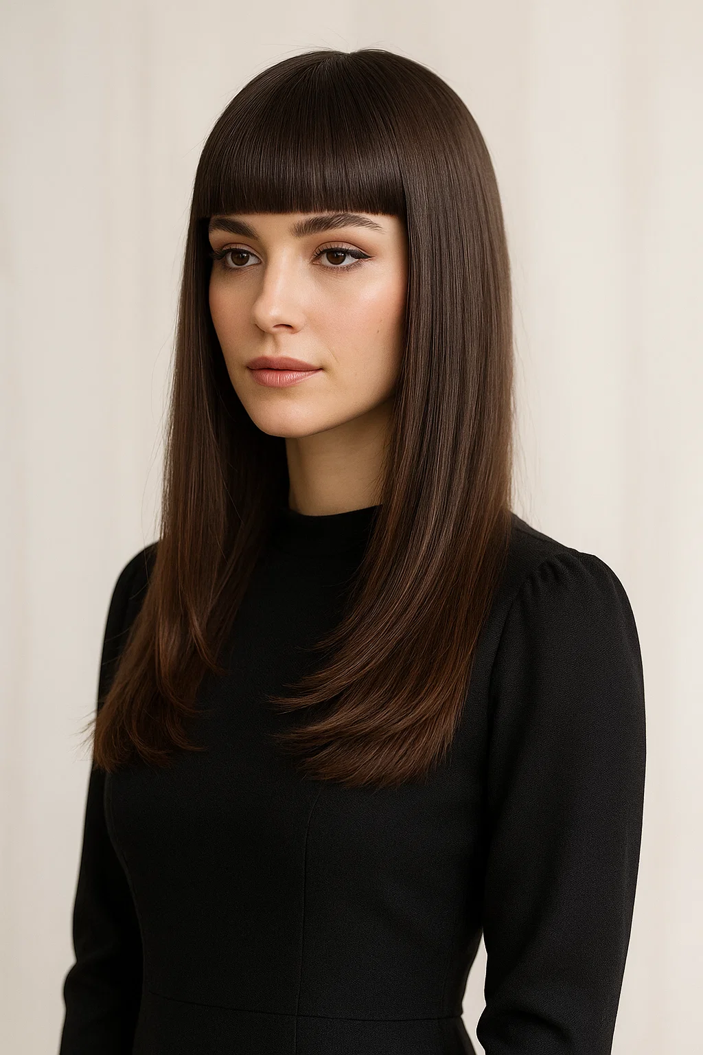 A woman with long hair featuring a straight-across blunt cut combined with soft layers