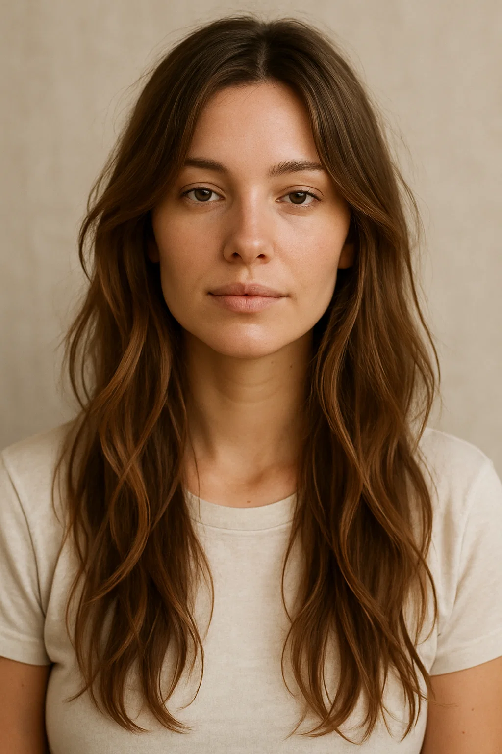 A woman with long hair, soft waves with subtle layers
